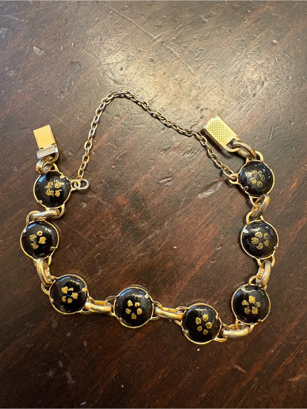 Gold-Tone Black Enamel Floral Link Bracelet